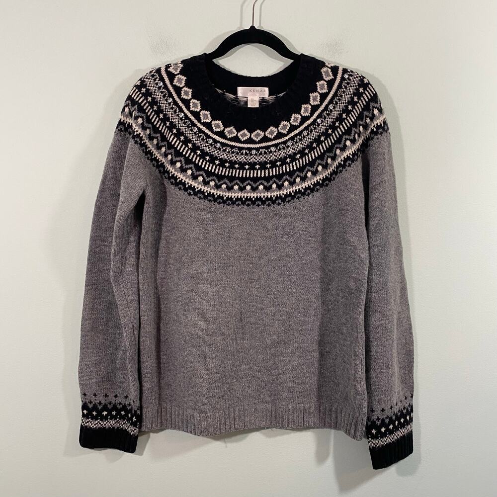 Kenar Women Black & Grey Lambswool Blend Bejeweled Fair Isle Sweater Size L NWT